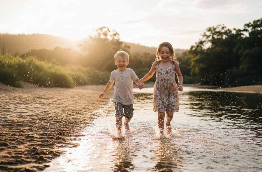 An epic moment of pure, authentic Orbost kids photography joy, showing two children laughing as they splash in the Snowy River at sunset, dramatic backlighting, professional colour grading.