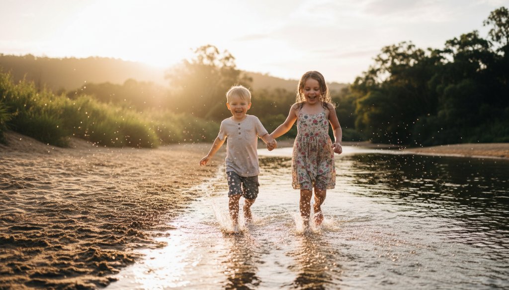 An epic moment of pure, authentic Orbost kids photography joy, showing two children laughing as they splash in the Snowy River at sunset, dramatic backlighting, professional colour grading.