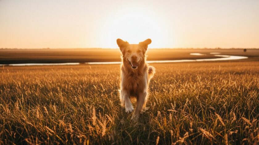 An 'epic moment' photograph showcasing Orbost pet photography capturing Gippsland's beloved companions: a golden retriever joyfully leaping through tall, sun-drenched native grass near the Snowy River flats, its fur illuminated by golden hour light, with Orbost's scenic landscape in the background, professional and vibrant.