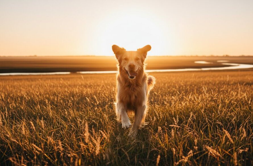 An 'epic moment' photograph showcasing Orbost pet photography capturing Gippsland's beloved companions: a golden retriever joyfully leaping through tall, sun-drenched native grass near the Snowy River flats, its fur illuminated by golden hour light, with Orbost's scenic landscape in the background, professional and vibrant.