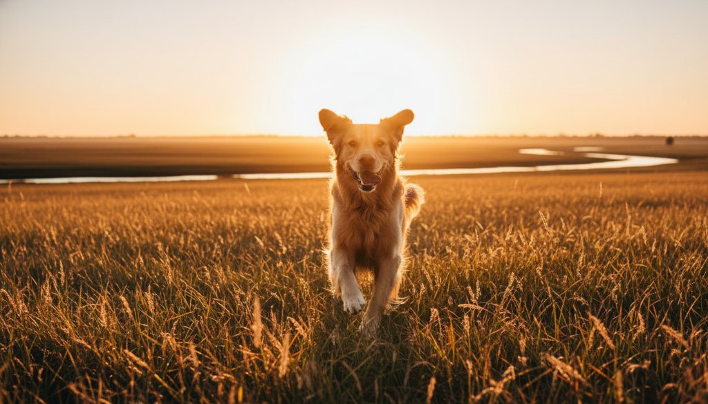 An 'epic moment' photograph showcasing Orbost pet photography capturing Gippsland's beloved companions: a golden retriever joyfully leaping through tall, sun-drenched native grass near the Snowy River flats, its fur illuminated by golden hour light, with Orbost's scenic landscape in the background, professional and vibrant.