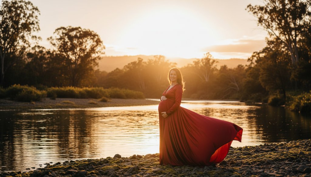 A stunning Orbost riverside maternity photoshoot Victoria featuring a radiant mother-to-be, silhouetted against a golden hour sky by the Snowy River, her flowing dress catching the soft breeze, evoking an epic moment of serene anticipation.