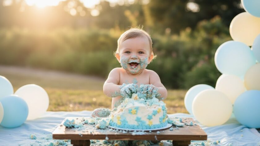 A delighted baby, covered in frosting from an Orbost Victoria Australia first birthday cake smash photoshoot, laughing joyfully amidst a rustic outdoor setting with golden hour light.
