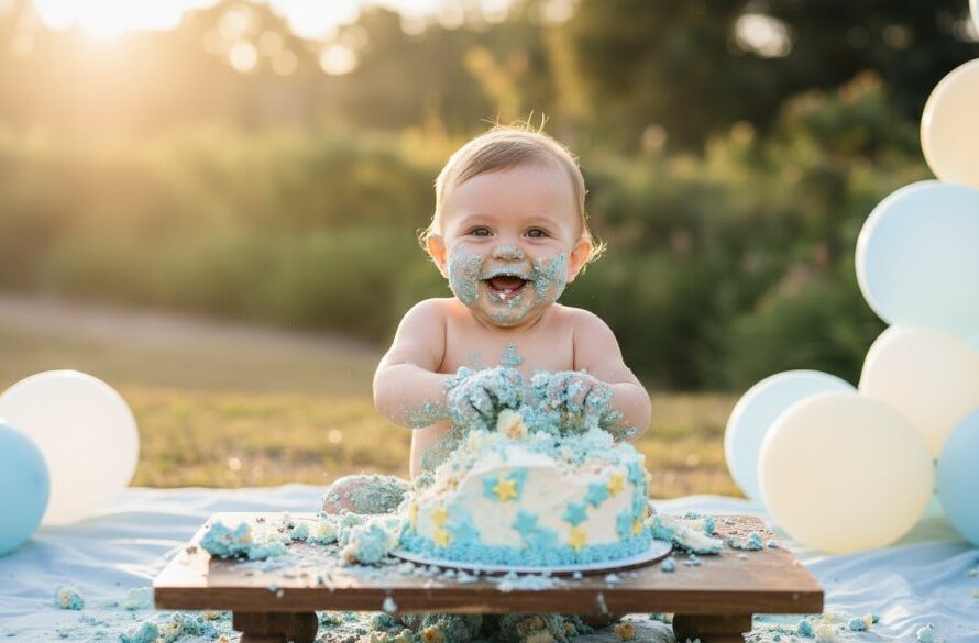 A delighted baby, covered in frosting from an Orbost Victoria Australia first birthday cake smash photoshoot, laughing joyfully amidst a rustic outdoor setting with golden hour light.