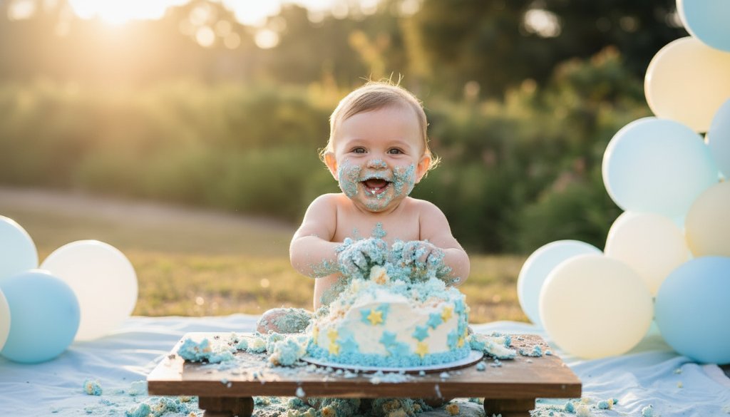 A delighted baby, covered in frosting from an Orbost Victoria Australia first birthday cake smash photoshoot, laughing joyfully amidst a rustic outdoor setting with golden hour light.