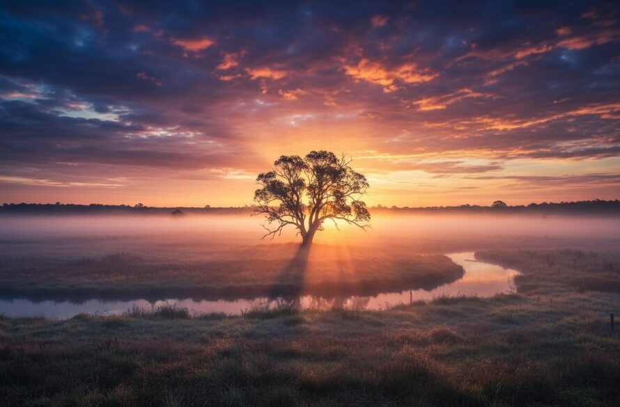 A dramatic, wide-angle fine art landscape photograph showcasing the mist-shrouded Snowy River flats near Orbost, Victoria, with morning light breaking through the eucalyptus trees, embodying Orbost Victoria fine art landscape photography.