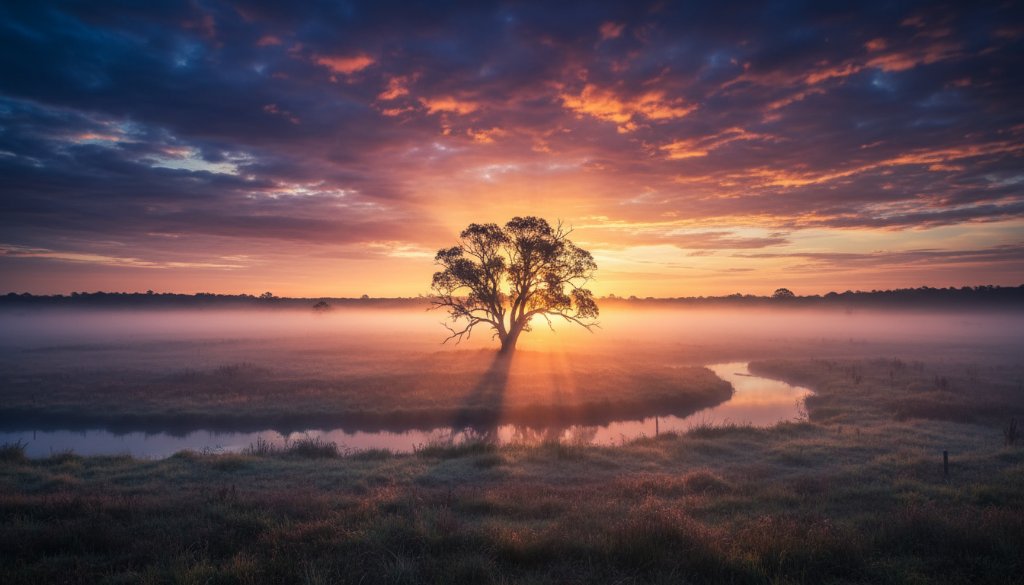 A dramatic, wide-angle fine art landscape photograph showcasing the mist-shrouded Snowy River flats near Orbost, Victoria, with morning light breaking through the eucalyptus trees, embodying Orbost Victoria fine art landscape photography.