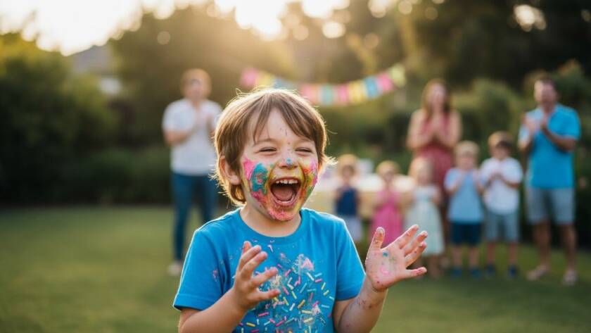 An ecstatic child mid-laugh, covered in cake, surrounded by blurred party guests in an Ormond backyard, perfectly showcasing Ormond backyard birthday photography capturing genuine joy with warm, golden hour lighting.