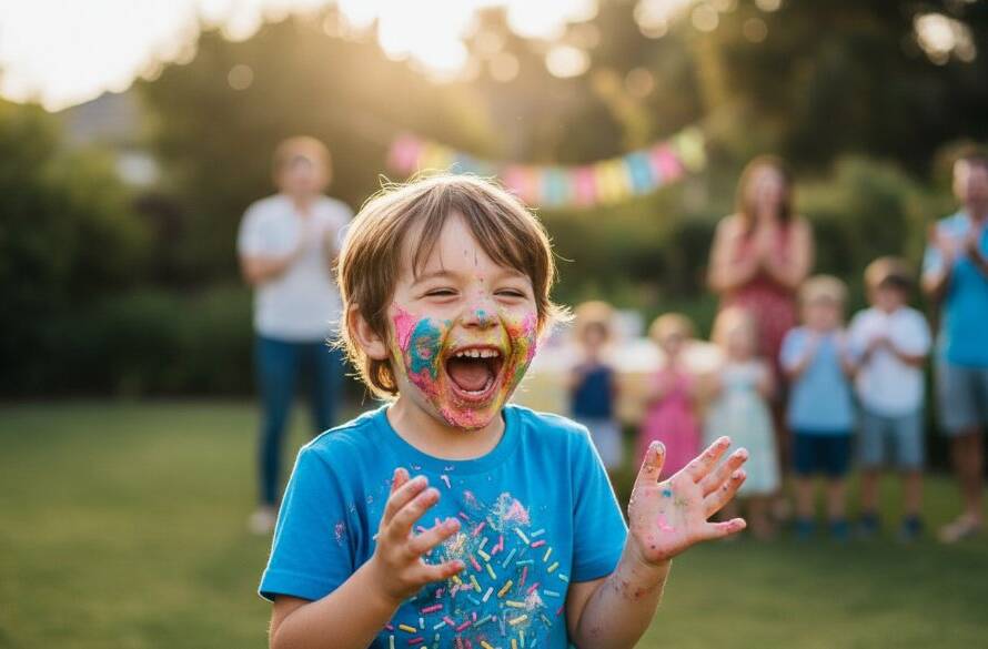 An ecstatic child mid-laugh, covered in cake, surrounded by blurred party guests in an Ormond backyard, perfectly showcasing Ormond backyard birthday photography capturing genuine joy with warm, golden hour lighting.