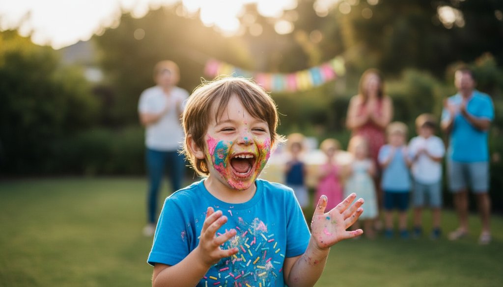 An ecstatic child mid-laugh, covered in cake, surrounded by blurred party guests in an Ormond backyard, perfectly showcasing Ormond backyard birthday photography capturing genuine joy with warm, golden hour lighting.