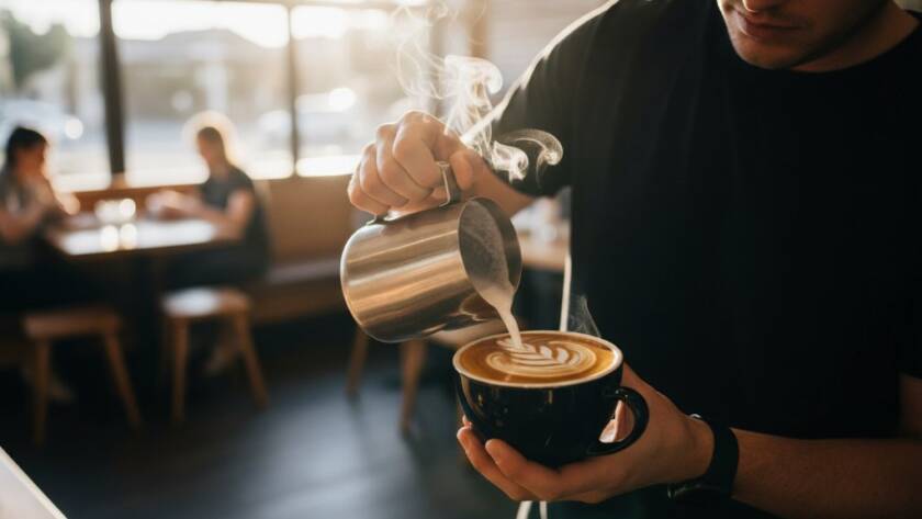 Dramatic close-up of a skilled barista creating latte art in an Ormond cafe, perfectly captured for Ormond cafe food photography for local businesses by Image by SD, with warm, inviting golden hour lighting and a shallow depth of field highlighting the intricate design and rising steam.