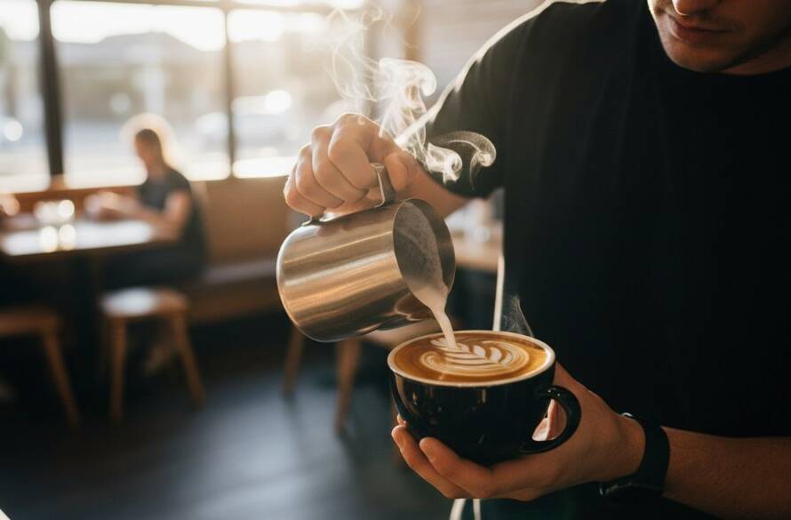Dramatic close-up of a skilled barista creating latte art in an Ormond cafe, perfectly captured for Ormond cafe food photography for local businesses by Image by SD, with warm, inviting golden hour lighting and a shallow depth of field highlighting the intricate design and rising steam.