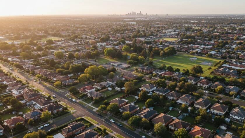 An epic aerial photograph showcasing the vibrant residential streets and leafy parks of Ormond, Victoria, at sunset, expertly captured by Ormond drone photography capturing local vibrancy, with warm, golden light illuminating the scene and a sense of peaceful community.
