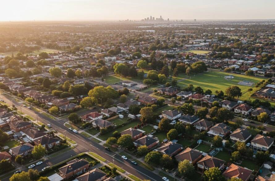 An epic aerial photograph showcasing the vibrant residential streets and leafy parks of Ormond, Victoria, at sunset, expertly captured by Ormond drone photography capturing local vibrancy, with warm, golden light illuminating the scene and a sense of peaceful community.