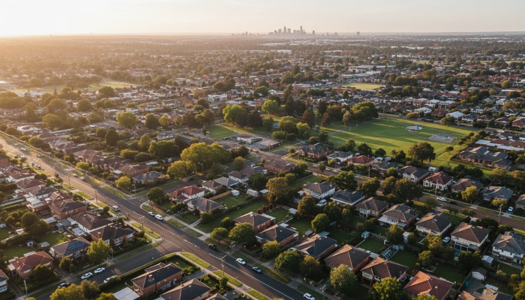 An epic aerial photograph showcasing the vibrant residential streets and leafy parks of Ormond, Victoria, at sunset, expertly captured by Ormond drone photography capturing local vibrancy, with warm, golden light illuminating the scene and a sense of peaceful community.