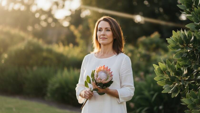 A dramatic fine art portrait captured in Ormond, Victoria, showcasing the ethereal beauty of an older woman in a white dress, holding a protea, silhouetted against the golden hour light filtering through the trees in Allnutt Park, embodying Ormond Fine Art Photography Capturing Soulful Moments.
