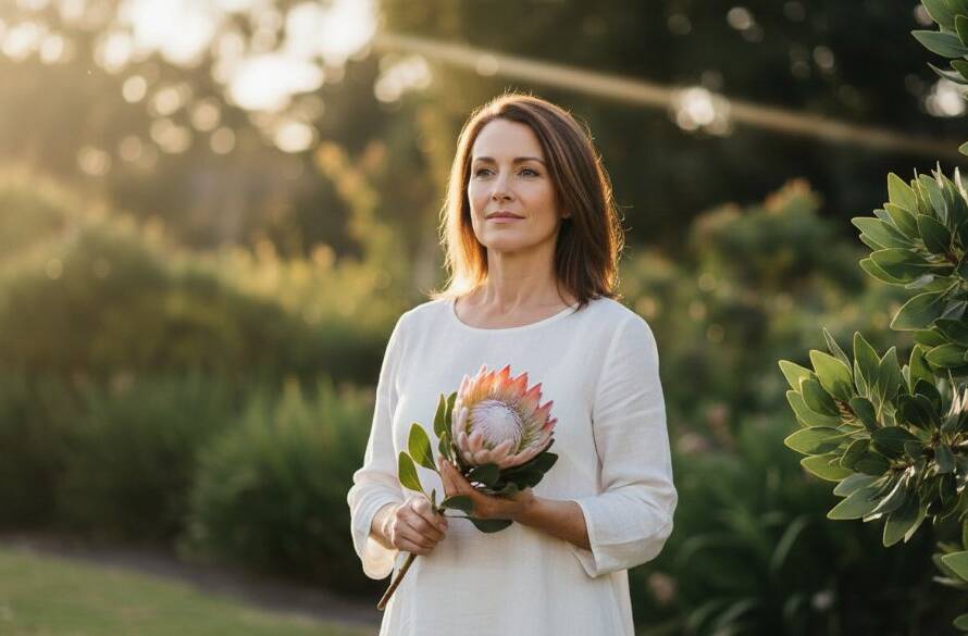 A dramatic fine art portrait captured in Ormond, Victoria, showcasing the ethereal beauty of an older woman in a white dress, holding a protea, silhouetted against the golden hour light filtering through the trees in Allnutt Park, embodying Ormond Fine Art Photography Capturing Soulful Moments.
