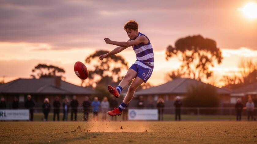 Dynamic action shot capturing an epic goal kick during Ormond junior footy photography action shots, with a determined young player in mid-air against a blurred crowd at a local Ormond oval, sunset light.