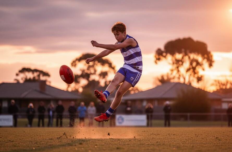 Dynamic action shot capturing an epic goal kick during Ormond junior footy photography action shots, with a determined young player in mid-air against a blurred crowd at a local Ormond oval, sunset light.