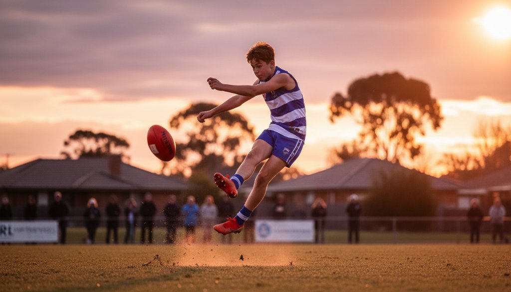 Dynamic action shot capturing an epic goal kick during Ormond junior footy photography action shots, with a determined young player in mid-air against a blurred crowd at a local Ormond oval, sunset light.