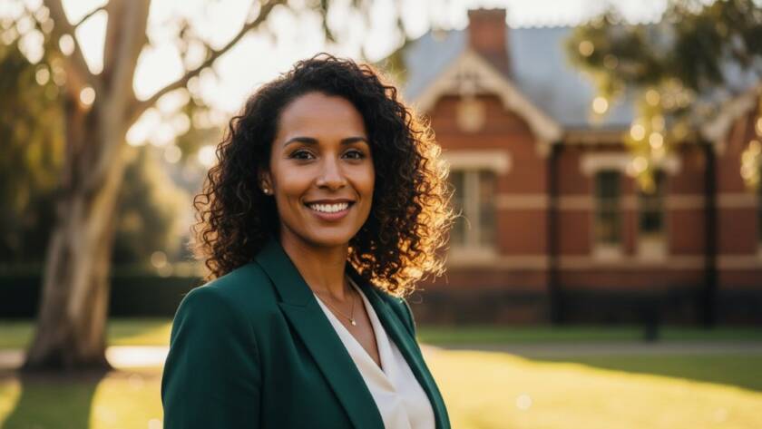 A powerful, cinematic close-up of a professional looking confident and approachable, taken with stunning natural light in a leafy Ormond park, embodying the essence of Ormond professional portraits Melbourne career elevation, perfectly poised for career success.