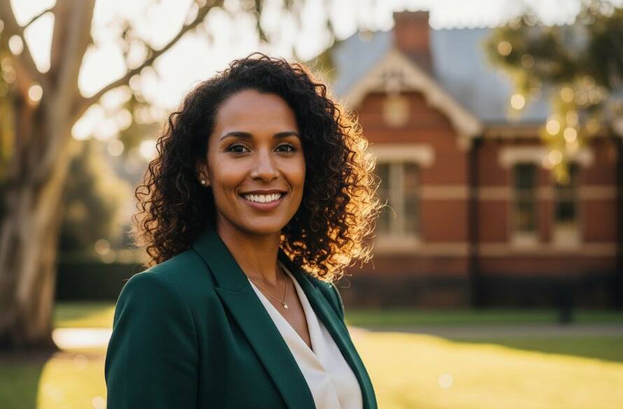 A powerful, cinematic close-up of a professional looking confident and approachable, taken with stunning natural light in a leafy Ormond park, embodying the essence of Ormond professional portraits Melbourne career elevation, perfectly poised for career success.