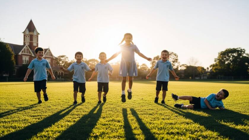 A vibrant, cinematic wide-angle shot of a group of excited primary school students from Ormond, Victoria, laughing and running through a sun-drenched school oval during an 'Ormond School Photography Capturing Authentic Student Joy' session, with the iconic Ormond Clock Tower subtly visible in the background, professional colour grading highlighting their genuine happiness.