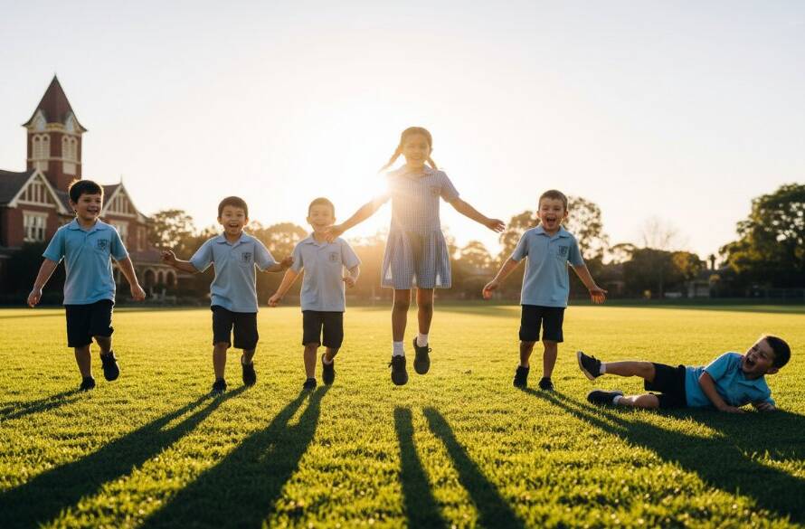 A vibrant, cinematic wide-angle shot of a group of excited primary school students from Ormond, Victoria, laughing and running through a sun-drenched school oval during an 'Ormond School Photography Capturing Authentic Student Joy' session, with the iconic Ormond Clock Tower subtly visible in the background, professional colour grading highlighting their genuine happiness.