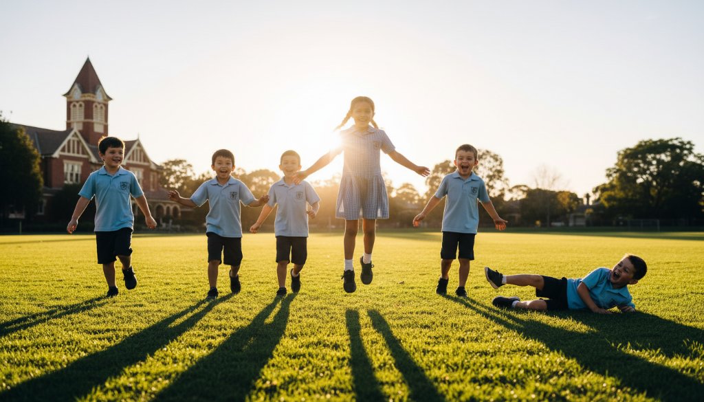 A vibrant, cinematic wide-angle shot of a group of excited primary school students from Ormond, Victoria, laughing and running through a sun-drenched school oval during an 'Ormond School Photography Capturing Authentic Student Joy' session, with the iconic Ormond Clock Tower subtly visible in the background, professional colour grading highlighting their genuine happiness.