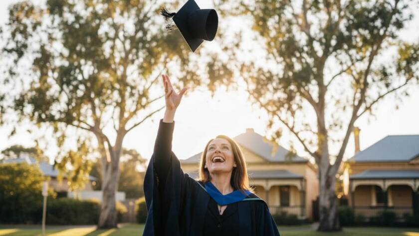 An ecstatic graduate in a cap and gown, joyfully tossing their mortarboard against a vibrant Ormond, Victoria sunset, capturing their unforgettable Ormond Victoria Graduation Photography Memories with professional flair.