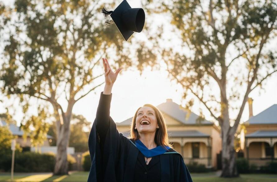 An ecstatic graduate in a cap and gown, joyfully tossing their mortarboard against a vibrant Ormond, Victoria sunset, capturing their unforgettable Ormond Victoria Graduation Photography Memories with professional flair.