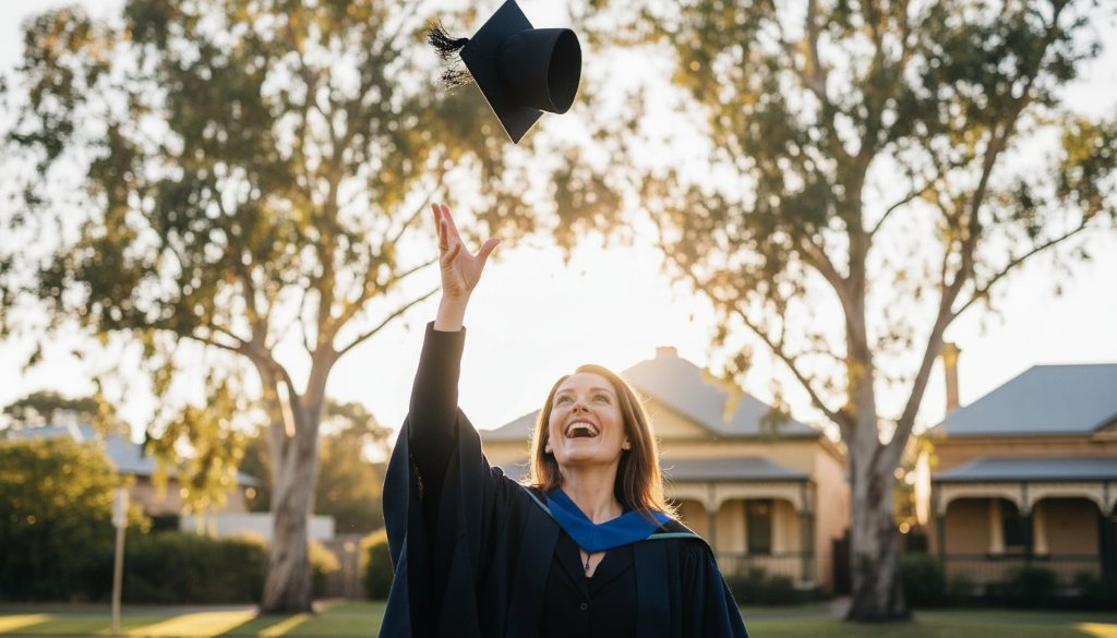 An ecstatic graduate in a cap and gown, joyfully tossing their mortarboard against a vibrant Ormond, Victoria sunset, capturing their unforgettable Ormond Victoria Graduation Photography Memories with professional flair.