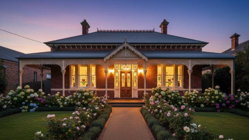 Dramatic wide-angle shot of a beautifully restored Victorian-era home in Ormond, Victoria, captured at dusk, showcasing intricate brickwork, stained-glass windows, and a warm glow from within, with an 'epic moment' feel for Ormond Victoria heritage architecture photography.