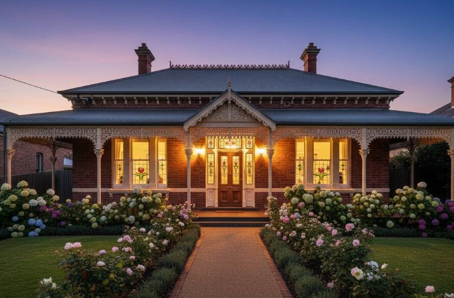 Dramatic wide-angle shot of a beautifully restored Victorian-era home in Ormond, Victoria, captured at dusk, showcasing intricate brickwork, stained-glass windows, and a warm glow from within, with an 'epic moment' feel for Ormond Victoria heritage architecture photography.