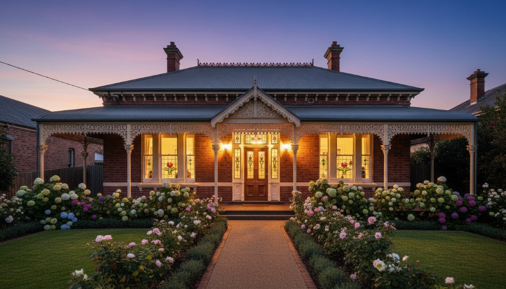Dramatic wide-angle shot of a beautifully restored Victorian-era home in Ormond, Victoria, captured at dusk, showcasing intricate brickwork, stained-glass windows, and a warm glow from within, with an 'epic moment' feel for Ormond Victoria heritage architecture photography.