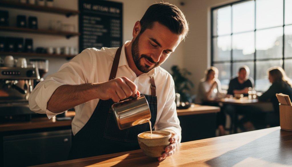 A dynamic and compelling "epic moment" photograph showcasing Pakenham advertising photography for local businesses: a skilled barista intently pouring intricate latte art into a ceramic cup, bathed in warm, golden morning light within a stylish Pakenham cafe. The image captures the precision and artistry of the barista's craft, with a softly blurred background hinting at the cafe's inviting atmosphere, embodying local business excellence and visual appeal.