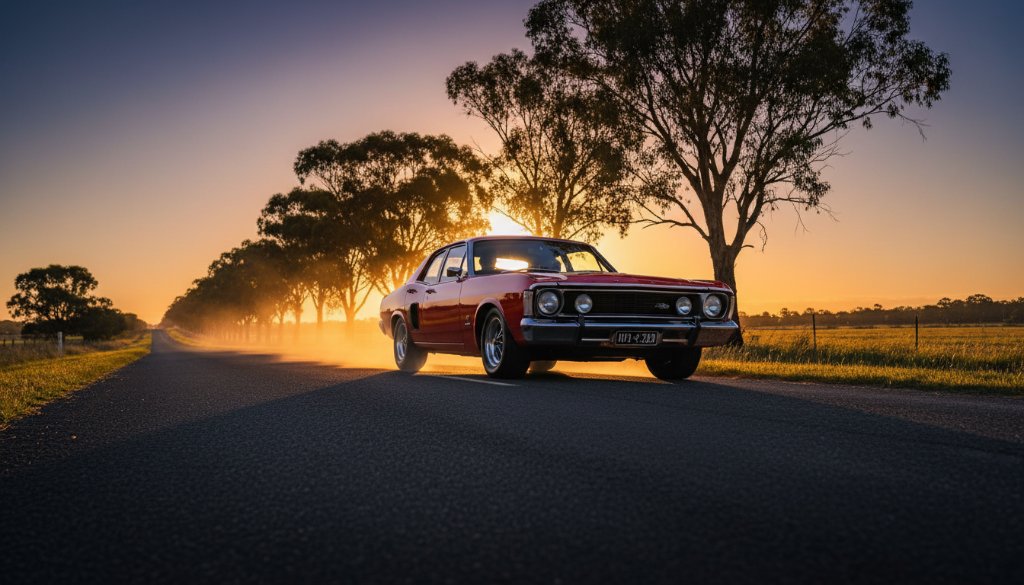 Dramatic shot of a gleaming vintage muscle car at sunset on a country road near Pakenham, showcasing the Pakenham bespoke car photography passion through stunning light and dynamic composition, capturing an epic moment of automotive artistry.