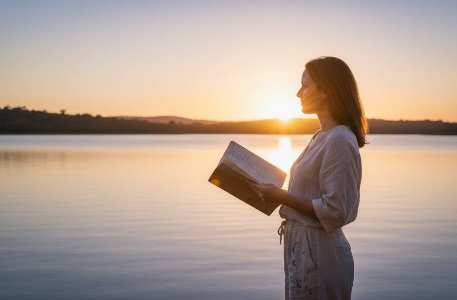 A captivating Pakenham fine art photography portrait, showing a young artist with paint-splattered hands looking thoughtfully towards the setting sun over Cardinia Reservoir, embodying a unique story with dramatic golden hour lighting and artistic flair.