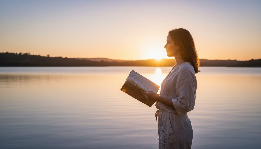 A captivating Pakenham fine art photography portrait, showing a young artist with paint-splattered hands looking thoughtfully towards the setting sun over Cardinia Reservoir, embodying a unique story with dramatic golden hour lighting and artistic flair.