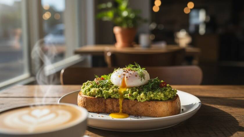 Dramatic close-up of a barista expertly pouring latte art into a ceramic cup, steam rising elegantly, bathed in warm, cinematic light within a rustic Pakenham cafe, capturing the essence of Pakenham Food Photography for Local Cafes.