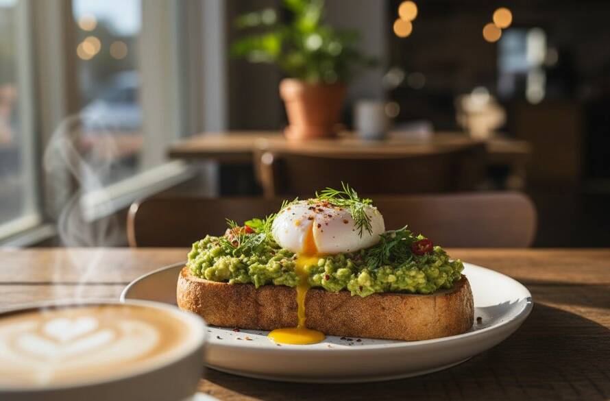 Dramatic close-up of a barista expertly pouring latte art into a ceramic cup, steam rising elegantly, bathed in warm, cinematic light within a rustic Pakenham cafe, capturing the essence of Pakenham Food Photography for Local Cafes.