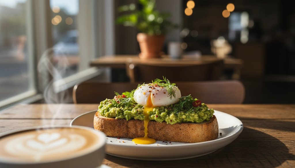 Dramatic close-up of a barista expertly pouring latte art into a ceramic cup, steam rising elegantly, bathed in warm, cinematic light within a rustic Pakenham cafe, capturing the essence of Pakenham Food Photography for Local Cafes.