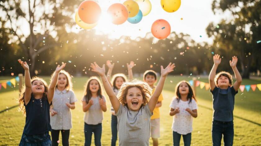 A Pakenham kids birthday party photographer capturing joy as a group of children laugh and throw confetti during an outdoor celebration in a Pakenham park, dramatic backlighting, vibrant colours.