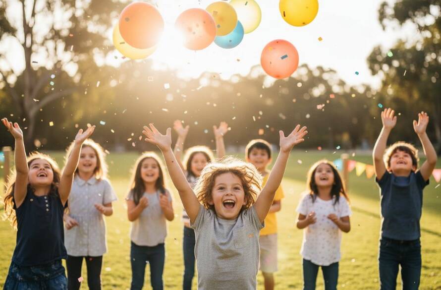 A Pakenham kids birthday party photographer capturing joy as a group of children laugh and throw confetti during an outdoor celebration in a Pakenham park, dramatic backlighting, vibrant colours.