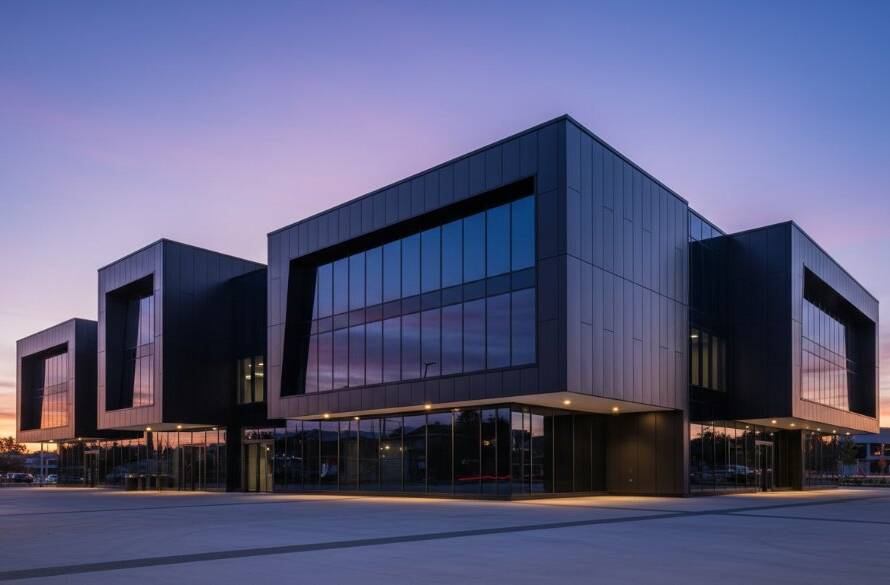 An epic wide-angle photograph capturing the stunning evening facade of a modern commercial building in Pakenham, showcasing dynamic lines and a vibrant glow, representing expert Pakenham modern commercial architecture photography.