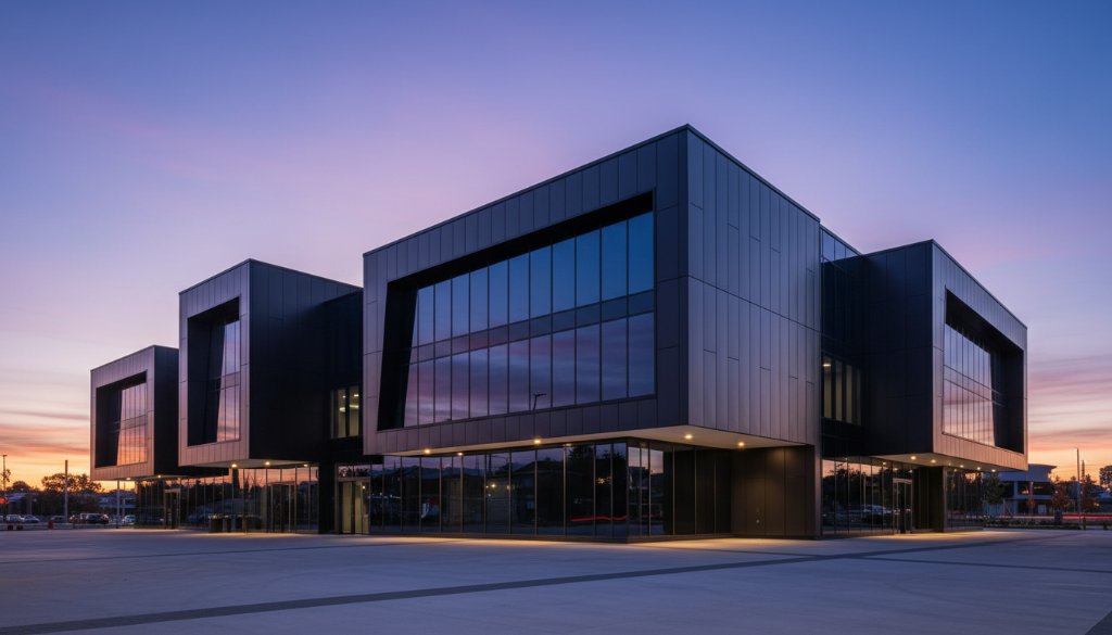 An epic wide-angle photograph capturing the stunning evening facade of a modern commercial building in Pakenham, showcasing dynamic lines and a vibrant glow, representing expert Pakenham modern commercial architecture photography.