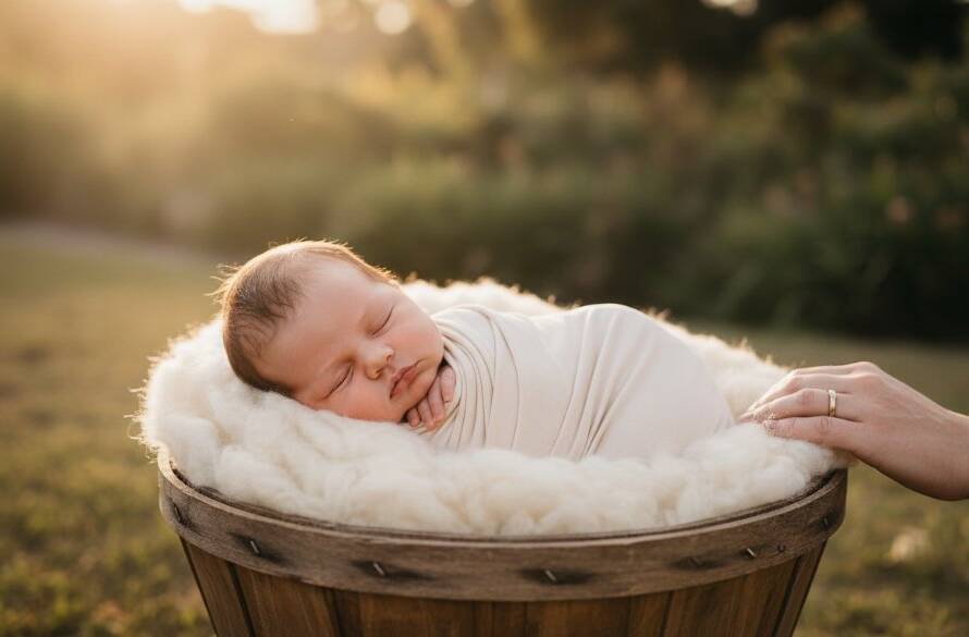 An epic moment photograph showcasing a newborn baby in Pakenham, peacefully swaddled in soft, natural light, with a parent's hand gently cradling their head, symbolising the Pakenham Newborn Photography Capturing Cherished Moments, with a soft focus on the baby's tiny features against a serene, muted background.