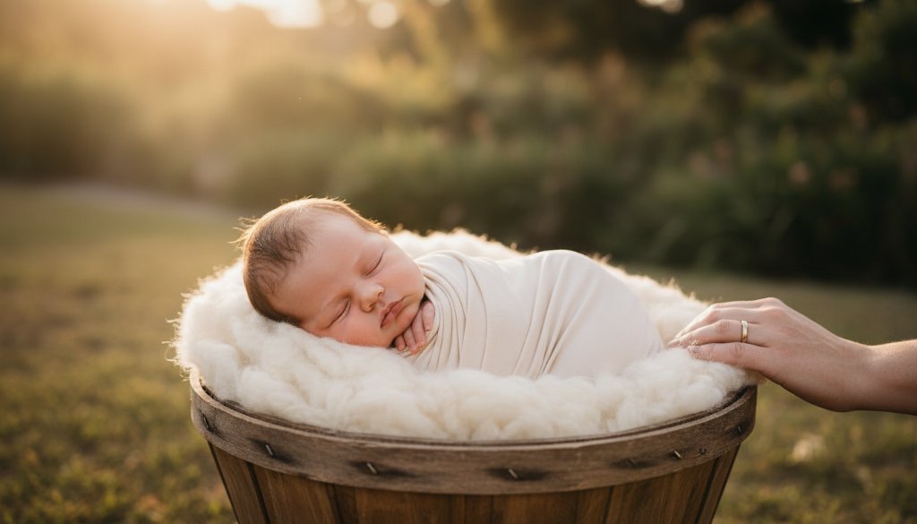 An epic moment photograph showcasing a newborn baby in Pakenham, peacefully swaddled in soft, natural light, with a parent's hand gently cradling their head, symbolising the Pakenham Newborn Photography Capturing Cherished Moments, with a soft focus on the baby's tiny features against a serene, muted background.