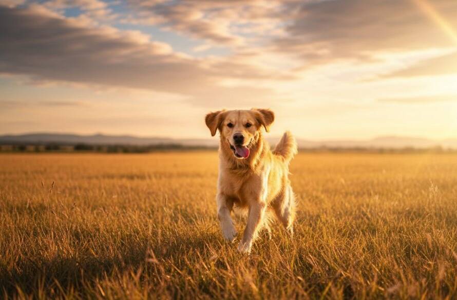 A majestic golden retriever joyfully leaping through a sun-drenched field at golden hour in Pakenham, Victoria, with a dramatic lens flare, embodying Pakenham pet photography outdoor golden hour portraits.