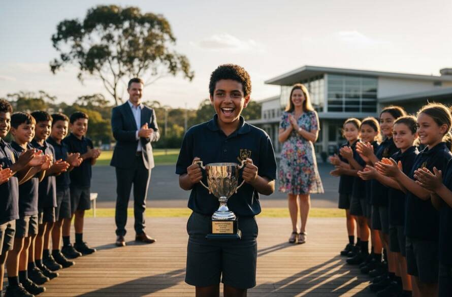 A triumphant Pakenham primary school student, arms raised in pure joy after receiving an award, surrounded by cheering classmates and proud teachers, bathed in golden afternoon light on their school oval, depicting Pakenham school photography authentic student milestones.